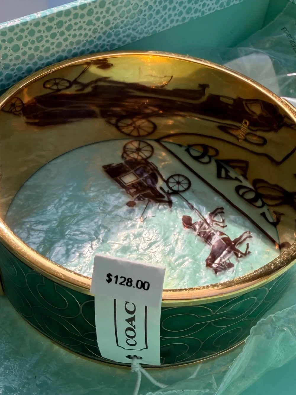 Coach Green Enamel and Gold-Tone Signature Cuff Bangle
